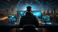 Cyber security analytic man sitting on a chair, looking at big displays, and interacting with a digital world Royalty Free Stock Photo