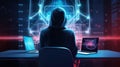 Cyber security analytic woman wearing a hoodie sitting and operating on a laptop, and interacting with a digital world