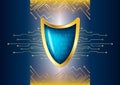 Cyber security antivirus concept with gold blue shield, futurist