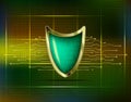 Cyber security antivirus concept with gold green blue shield, futuristic lines and numbers. Protected web privacy technology