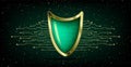 Cyber security antivirus concept with gold green shield, futuristic lines and numbers. Protected web privacy technology design. V