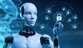 Cyber Security and Artificial Intelligence Concept with Cyborg Using Digital Data Protection Interface Royalty Free Stock Photo