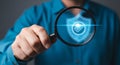 Cyber security audit magnifying glass shield check mark data protection security compliance assurance Royalty Free Stock Photo