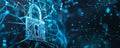 Cyber security background with a digital padlock, interconnected lines, and matrix code on a dark Royalty Free Stock Photo