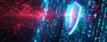 Cyber security background featuring a glowing shield icon, binary code, and abstract lines Royalty Free Stock Photo