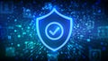 Cyber security background. Protection shield with Check mark icon. Network protection. Internet Security concept. Binary data flow Royalty Free Stock Photo