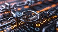 Cyber Security Blockchain Concept with Metal Chain and Code Combination Lock on Binary Background. Royalty Free Stock Photo