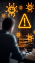 Cyber security computer virus hacker malware warning sign data protection cyber attack coding programmer typing laptop with Royalty Free Stock Photo