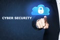 Cyber security. Businessman touching cloud with padlock illustration, closeup