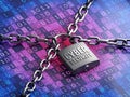 Cyber security concept. Closed padlock with chains on digital blue red screen