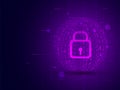 Cyber security concept with closed padlock on purple matrix coding background