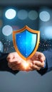 Cyber security concept with cupped hands holding a glowing digital shield and network. Royalty Free Stock Photo