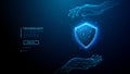 Cyber security concept. Digital shield protected by hands Royalty Free Stock Photo