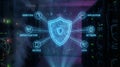 Cyber Security Concept with Digital Shield Protection Icon in Data Center Server Room Environment Royalty Free Stock Photo