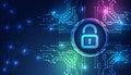 Cyber security concept with glowing digital lock and circuit lines on a dark background, symbolizing data protection, encryption, Royalty Free Stock Photo