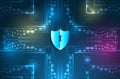 Cyber security concept with glowing digital shield and keyhole on futuristic tech background, representing data protection, Royalty Free Stock Photo
