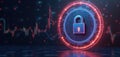 Cyber security concept with glowing padlock on futuristic interface and abstract data charts. Digital network protection and Royalty Free Stock Photo