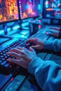 Cyber security concept. Hacker working on a computer in a dark room Royalty Free Stock Photo