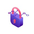 Cyber security concept illustration in 3d design. Padlock, data and passwords protection in isometric design isolated on