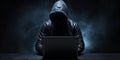 Cyber Security Concept. Incognito Cybercriminal Typing On Laptop In Dark Room. Hacker Stealing Data. Generative AI