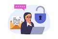 Cyber security concept in modern flat design for web. Hacker trying unlocking password and getting access to private