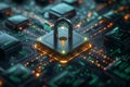 Cyber security concept. Padlock on a circuit board background, futuristic technology, 3d illustration, generative ai Royalty Free Stock Photo