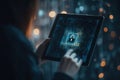 Cyber Security Concept Person Using Tablet with Digital Lock Symbol and Binary Code Background Royalty Free Stock Photo