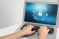 Cyber security. Woman using application on laptop, closeup Royalty Free Stock Photo