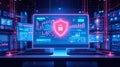 Cyber security dashboard with glowing shield and network data 1 Royalty Free Stock Photo