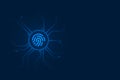 Cyber security data, blue fingerprint circuit on dark background, copy space composition.