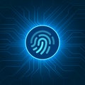 Cyber security data, blue fingerprint circuit on dark background.