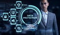Cyber security data protection business technology privacy concept. Young businessman select the word Data protection on the