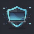 Cyber security and data protection concept featuring a laptop and a digital shield on a dark background Royalty Free Stock Photo
