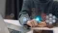 Cyber security and data protection on internet. Person touching virtual shield, secure access, encrypted connection. Password