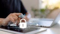 Cyber security and data protection on internet. Person touching virtual shield, secure access, encrypted connection. Password