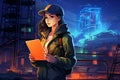 cyber security defender in casual clothing standing in front of a power plant holding a laptop