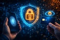 Cyber Security and Digital Identity Protection Concept with Biometric Fingerprint Scan Credit Card and Virtual Shield Interface Royalty Free Stock Photo
