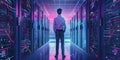 A cyber security expert in a professional outfit standing confidently in a data center