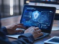 Cyber security expert verifying identity using two factor authentication on laptop in professional office setting