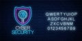 Cyber security glowing neon sign with alphabet. Internet protection symbol with shield and circuit board