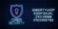 Cyber security glowing neon sign with alphabet. Internet protection symbol with shield and keyhole