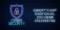 Cyber security glowing neon sign with alphabet. Internet protection symbol with shield and padlock