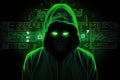 Cyber-security hacker with a hoodie hiding face -computer technology background. Generative AI