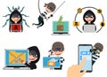 Cyber security hacker vector character set. Thief hacking computer stealing online password Royalty Free Stock Photo