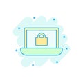 Cyber security icon in comic style. Padlock locked vector cartoon illustration on white isolated background. Laptop business