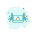 Cyber security icon in comic style. Padlock locked vector cartoon illustration on white isolated background. Laptop business