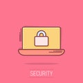 Cyber security icon in comic style. Padlock locked vector cartoon illustration on white isolated background. Laptop business