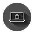 Cyber security icon in flat style. Padlock locked vector illustration on black round background with long shadow. Laptop business Royalty Free Stock Photo