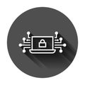 Cyber security icon in flat style. Padlock locked vector illustration on black round background with long shadow. Laptop business Royalty Free Stock Photo
