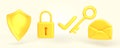 Cyber security icon set 3d render. Golden shield, email envelope, padlock, key and tick. Concept of privacy, strong